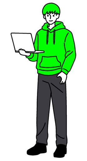 ノートパソコンを持つパーカー姿の人物のイラスト